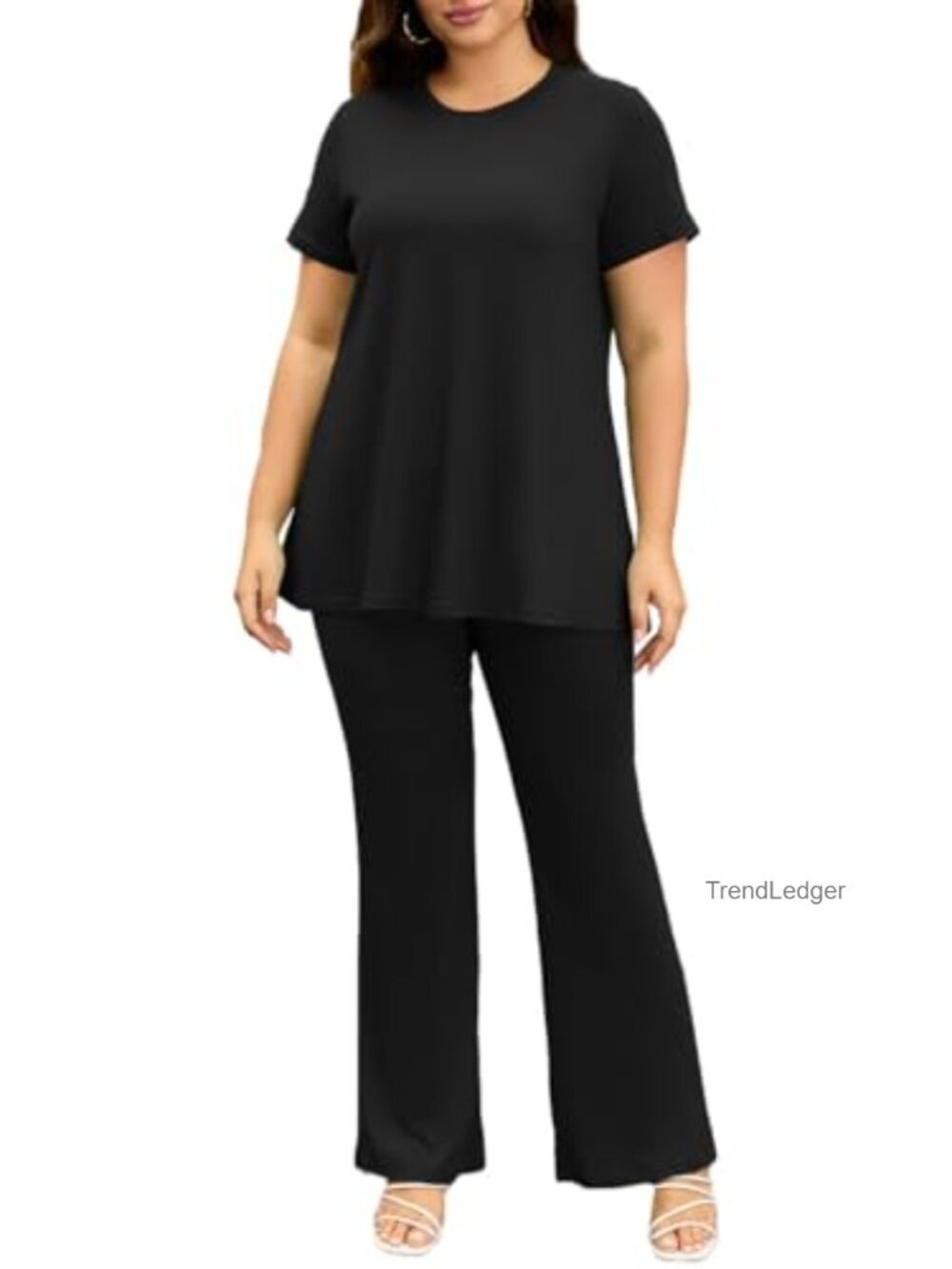 Women 2 Piece Outfit Short Sleeve Tunic Top Flare Pants Lounge Set